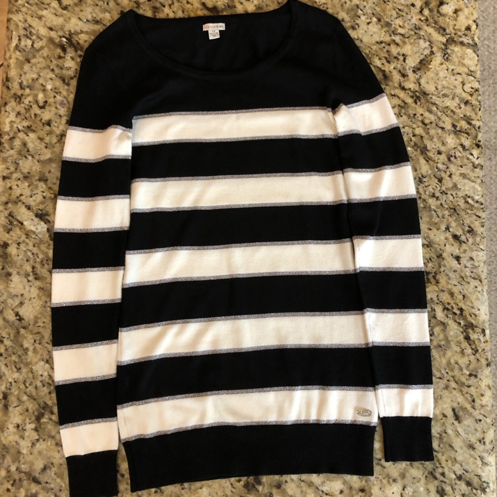 Women's Striped Black, White, & Silver Guess Sweater, Size Small Petite